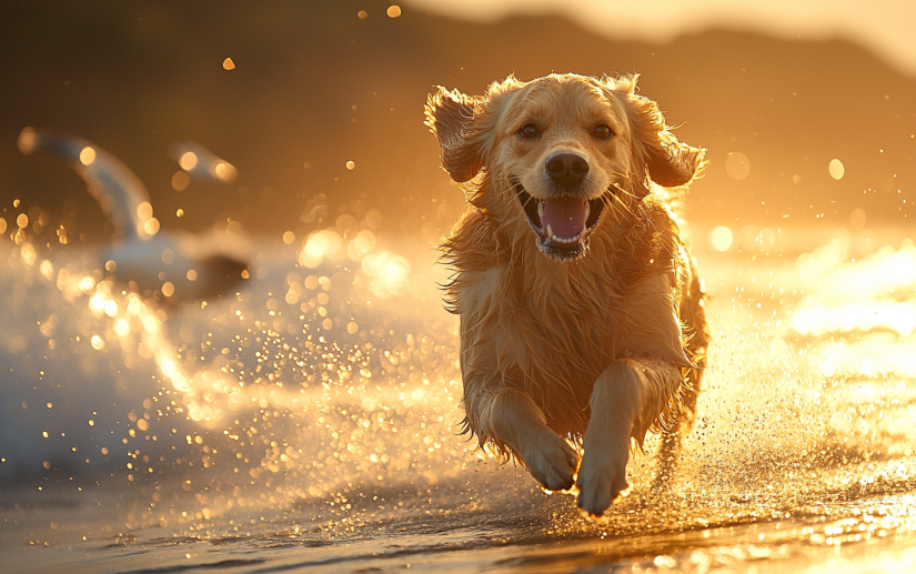 a dog running in the beach