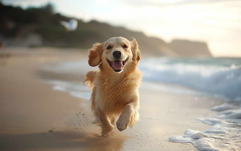 a dog enjoying the beach