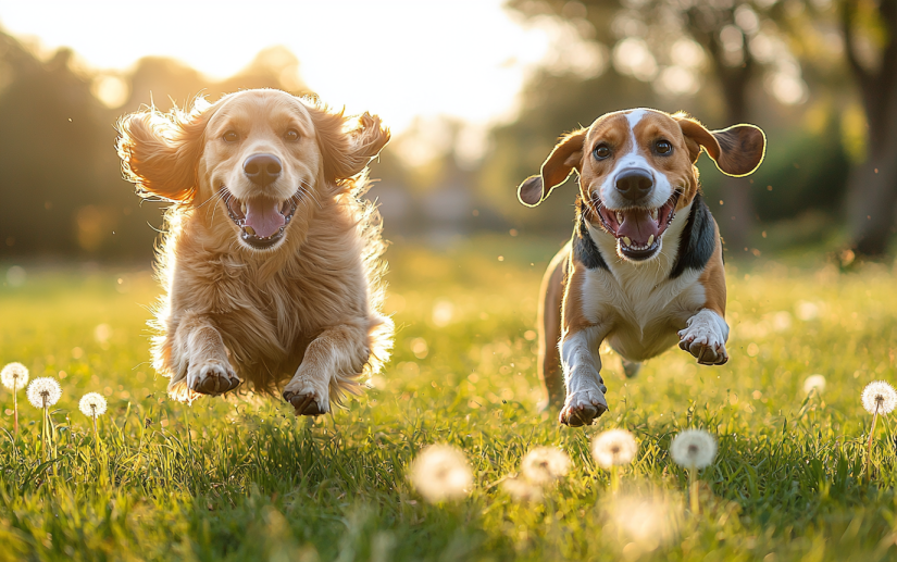 TWO DOGS RUNNING AND ENJOYING A PLAYDATE