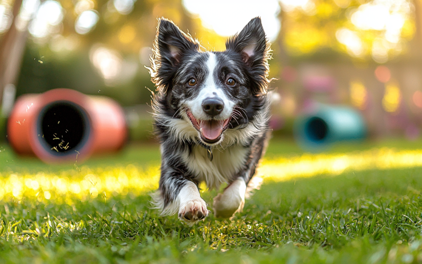 a dog jumping through an agility hoop