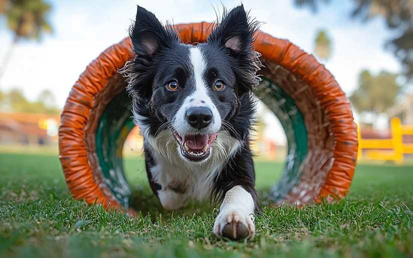 A focused dog mid-jump through an agility hoop