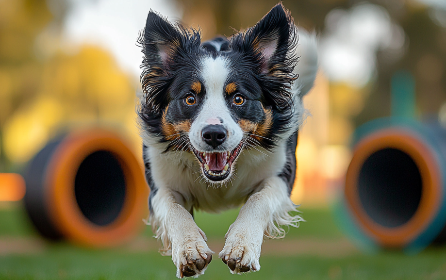 A Border Collie mid-jump through an agility hoop