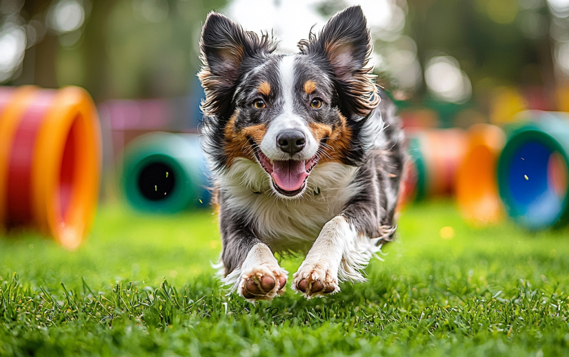 A focused Border Collie mid-jump through an agility hoop