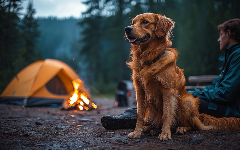 A dog camping with its owner