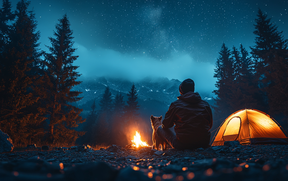 a dog and its owner camping in the forest