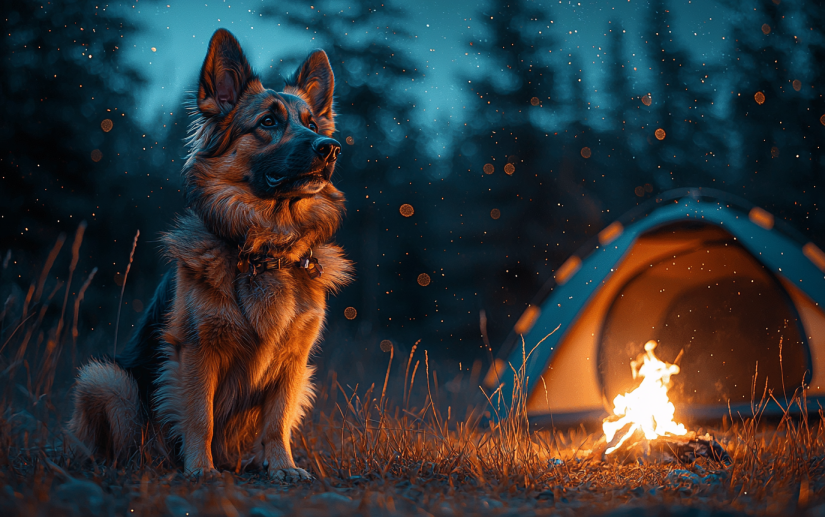 a dog by camping fire