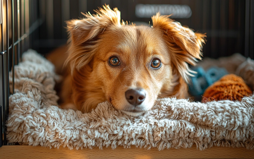 a dog inside a crate