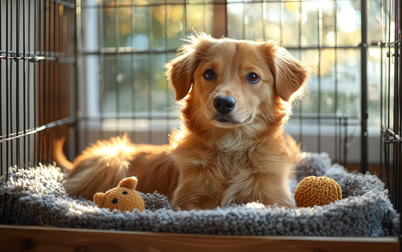 a young dog inside a crate