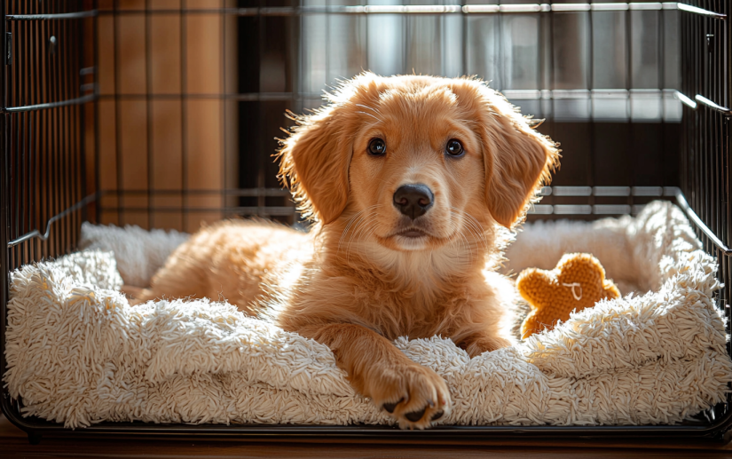 a dog inside a spacious crate