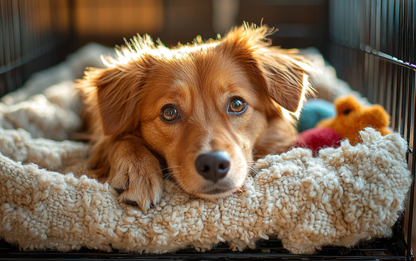 a young dog inside a spacious crate