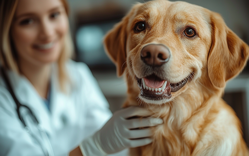 A veterinarian examining a dog's dental health