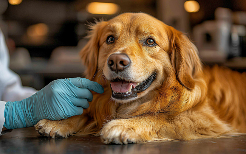 a vet checking dog's dental health