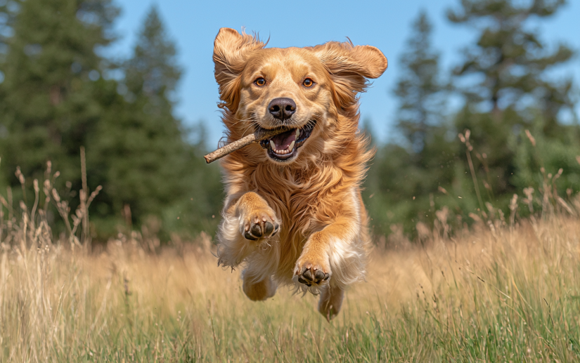 A dog learning to fetch a stick