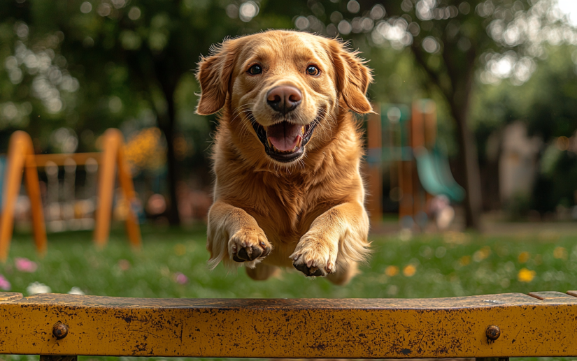 A playful Labrador in a lively park, joyfully jumping