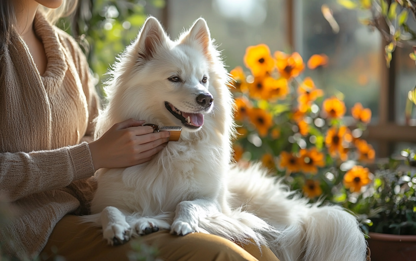 owner brushing her dogs white and long fur