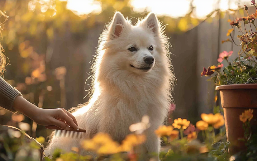 owner brushing her dogs fur