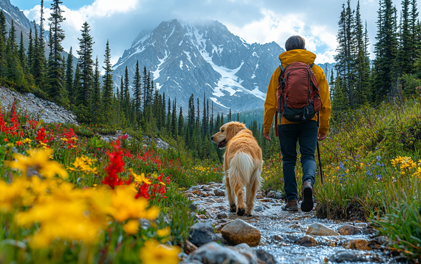 A loyal dog hiking alongside its owner