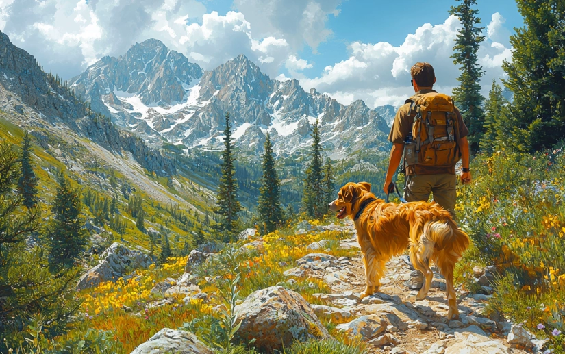 A dog hiking alongside its owner 