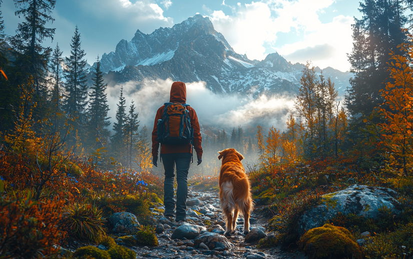 A dog hiking with its owner 