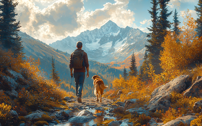 A loyal dog hiking with its owner 