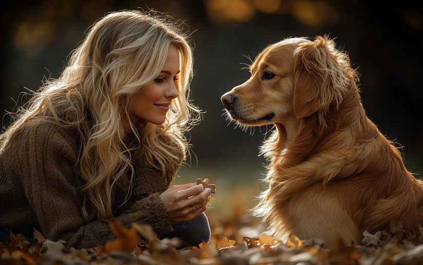 owner rewarding her pet dog