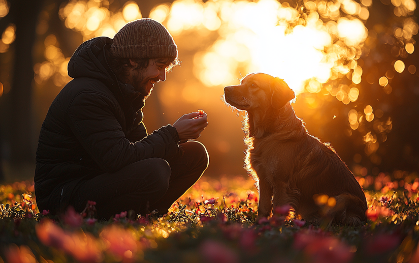 owner rewarding his pet dog