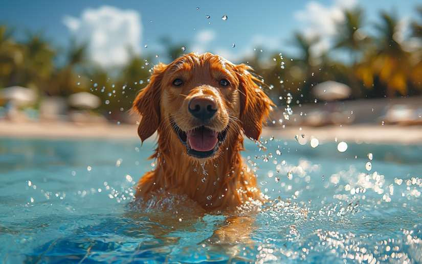 A happy dog Retriever swimming in a pool