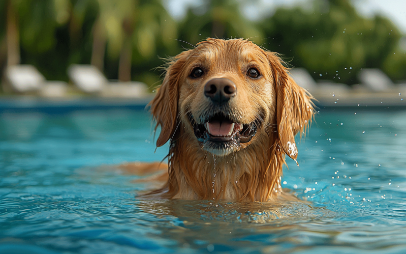 A happy Golden Retriever swimming in a pool