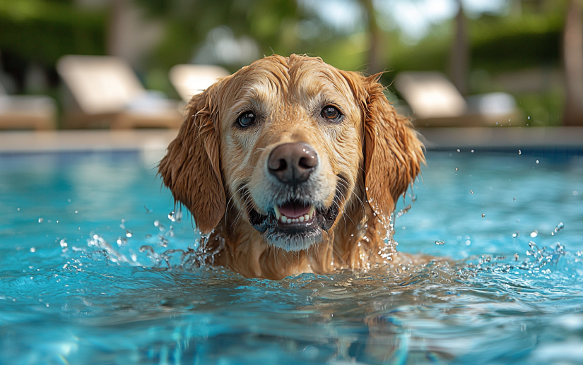 A happy Golden Retriever swimming in a crystal-clear pool