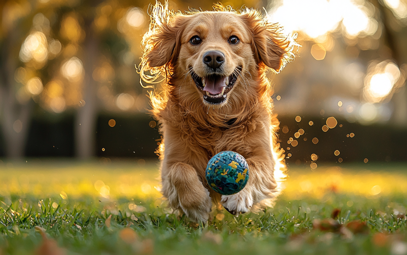 A dog joyfully playing with colorful toys