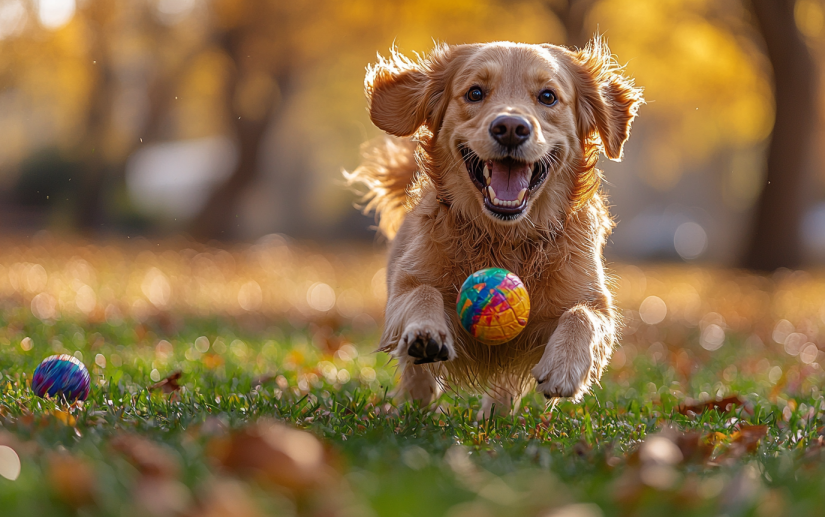 A playful dog joyfully engaging with colorful toys