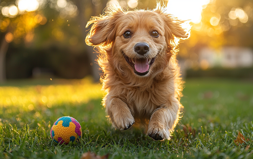 A dog playing with a colorful toy