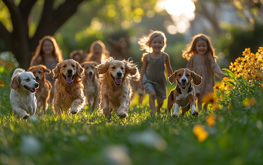 children chasing family dogs