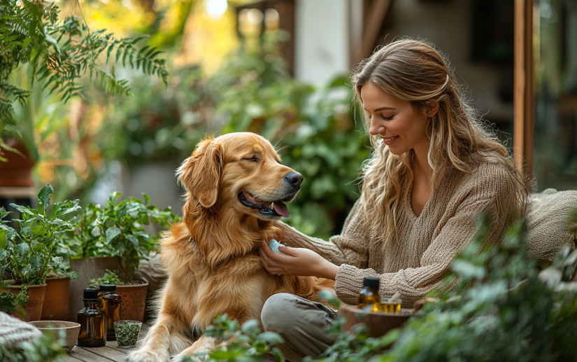 Owner applying on her dog a natural remedy