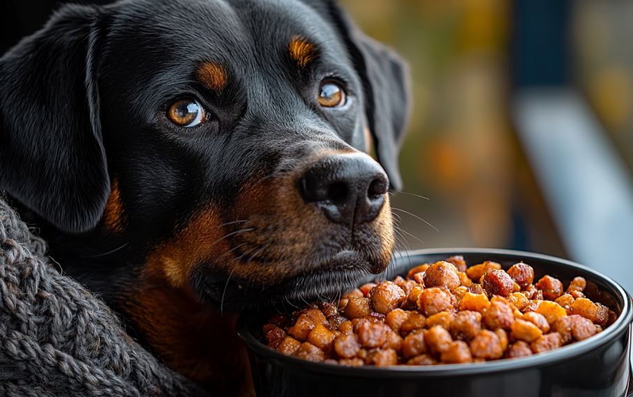 A dog eating a bowl of high-protein food