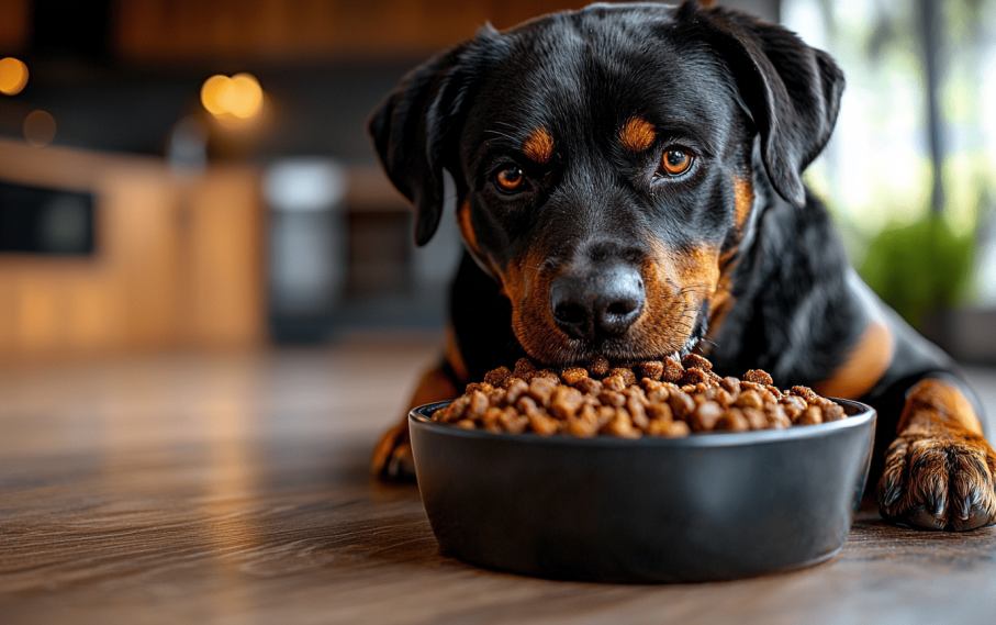 Rottweiler eating high-protein food