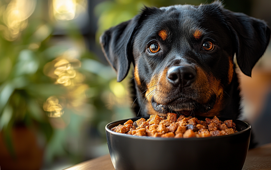 Rottweiler eating a bowl of high-protein food