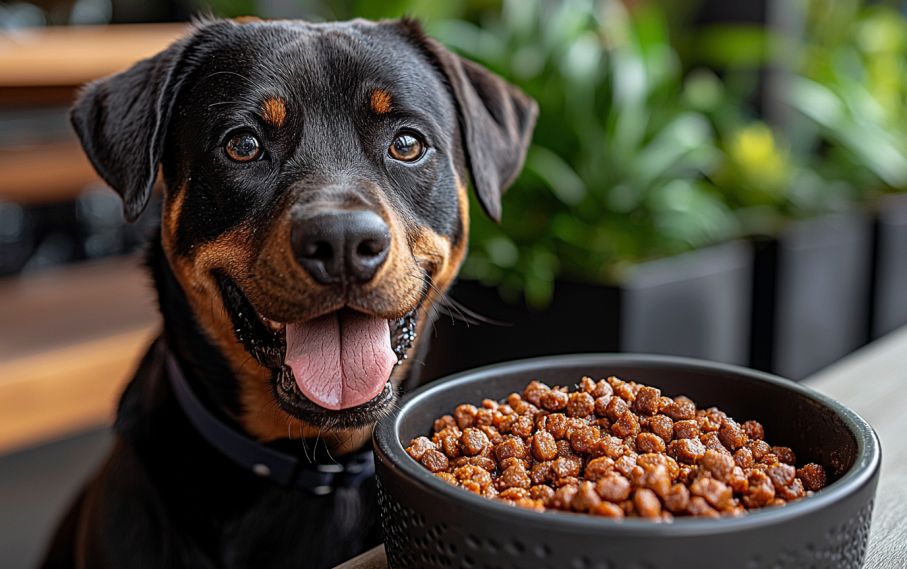 Rottweiler enjoying a bowl of high-protein food