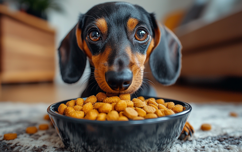 Dachshund happily eating low-fat dog food