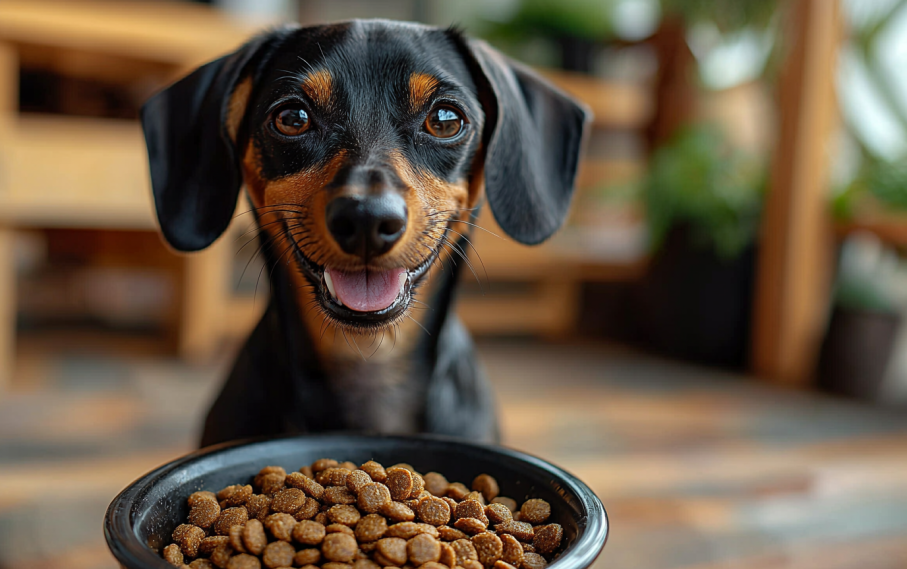 Dachshund enjoying low-fat dog food