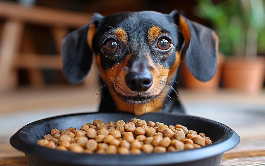 Dachshund eating low-fat dog food