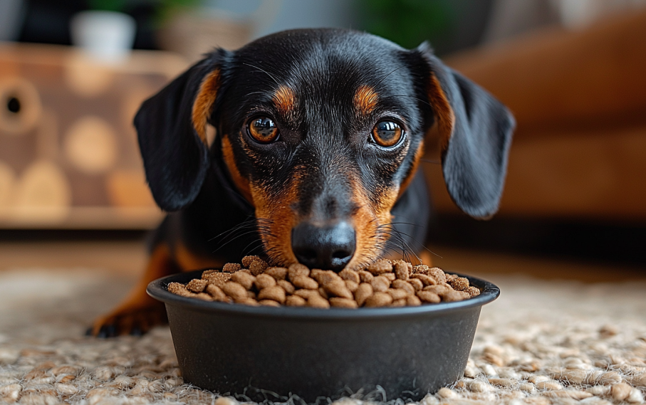 dog eating low-fat dog food