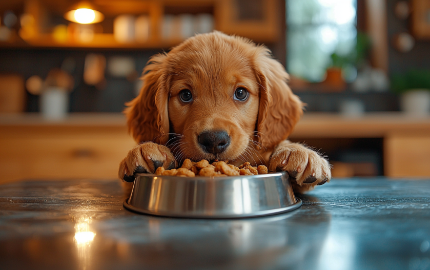 a golden retriever Puppy eating its food