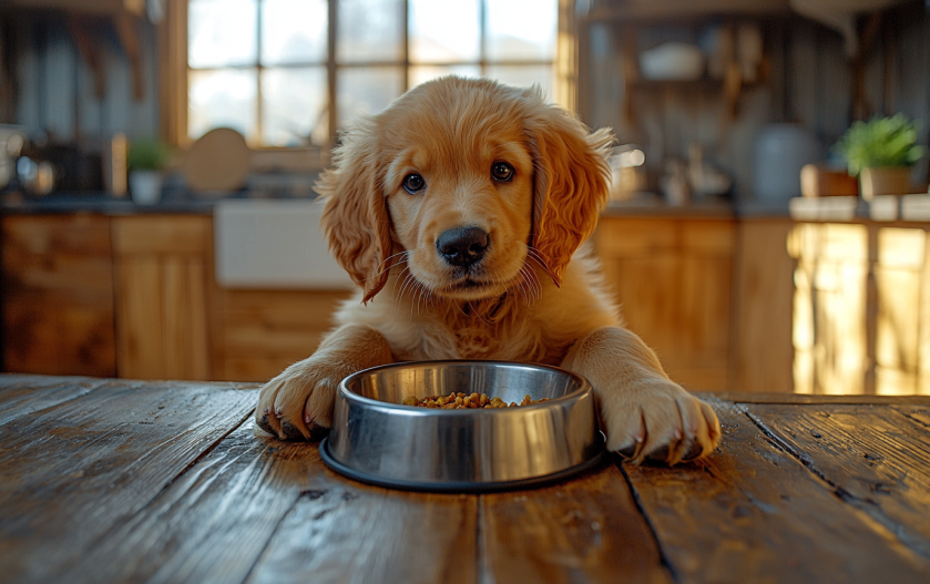 cute golden retriever Puppy eating its food