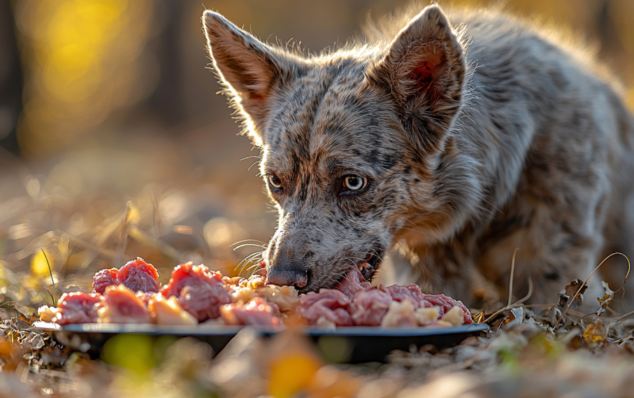 Dog eating raw food