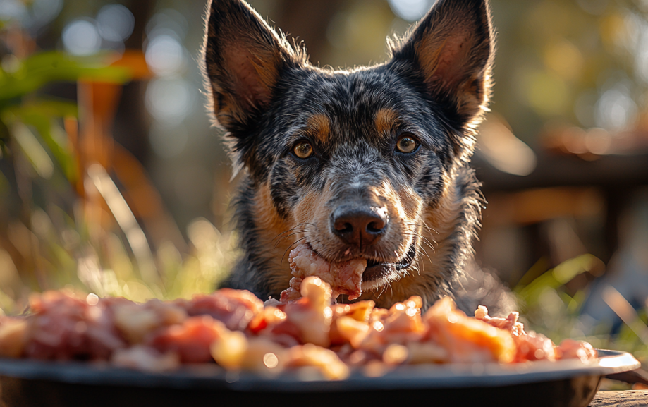 Australian Cattle Dog energetically eating raw food