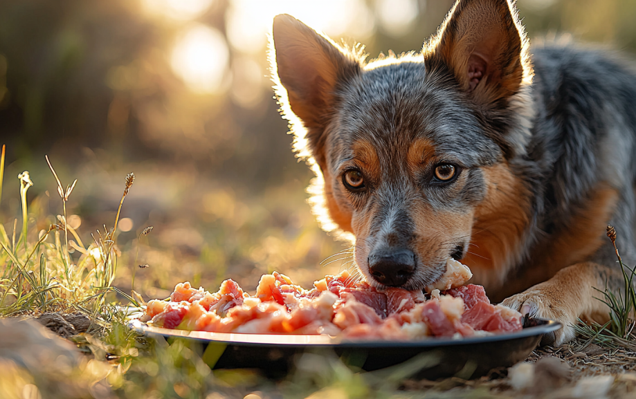 A Dog energetically eating raw food