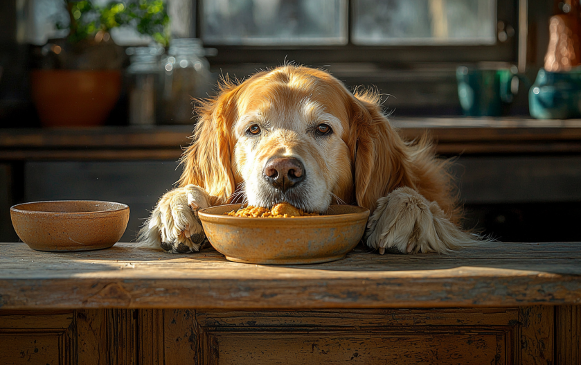 elderly golden retriever eating its food