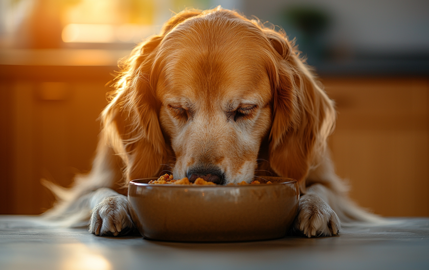 senior golden retriever eating its food