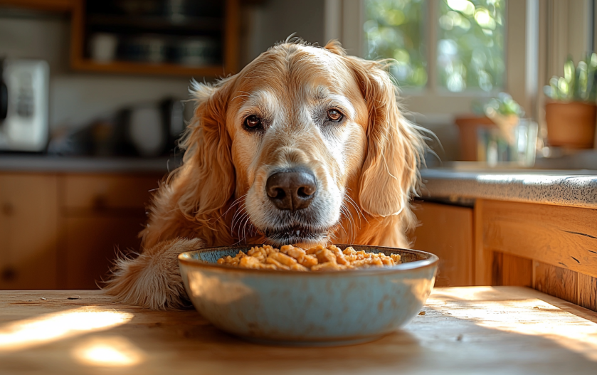 SENIOR DOG EATING ITS FOOD